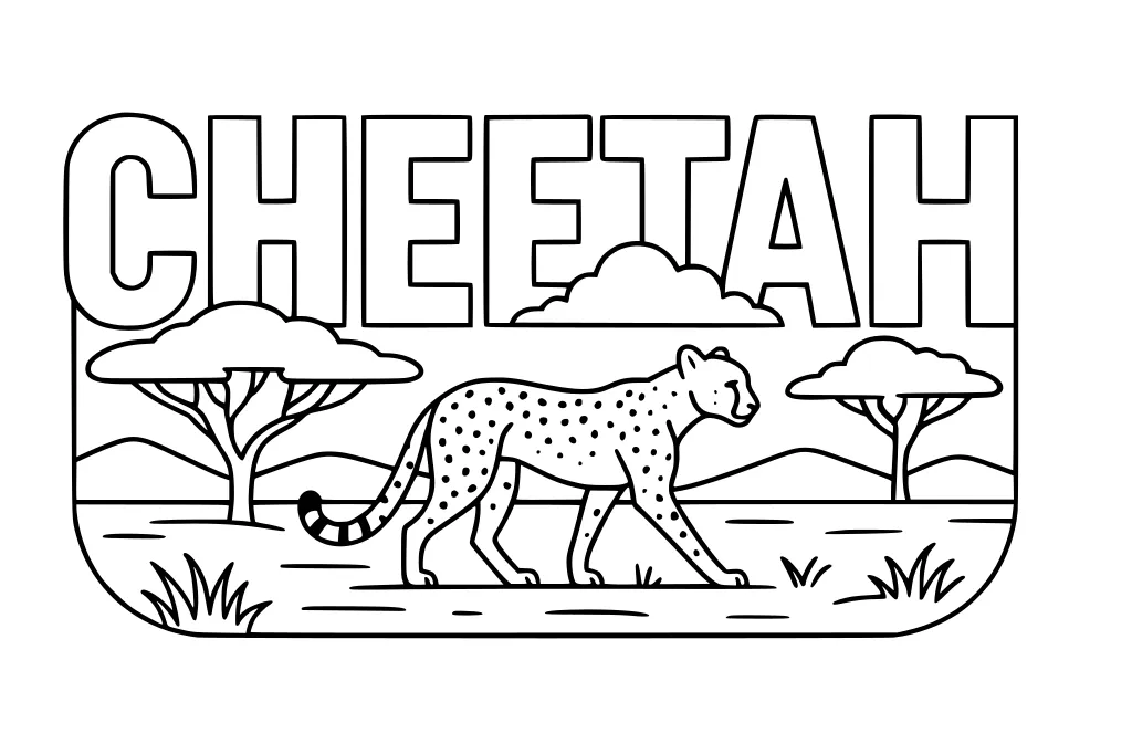 Cheetah walking on savanna grass with trees, clouds, and mountains. Large 'CHEETAH' letters in background.