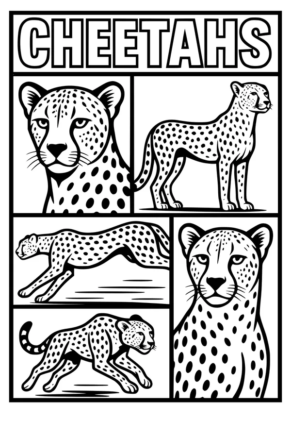 Free Cheetah Coloring Page - Five Speedy Cheetahs in Comic Panels (Printable PDF)