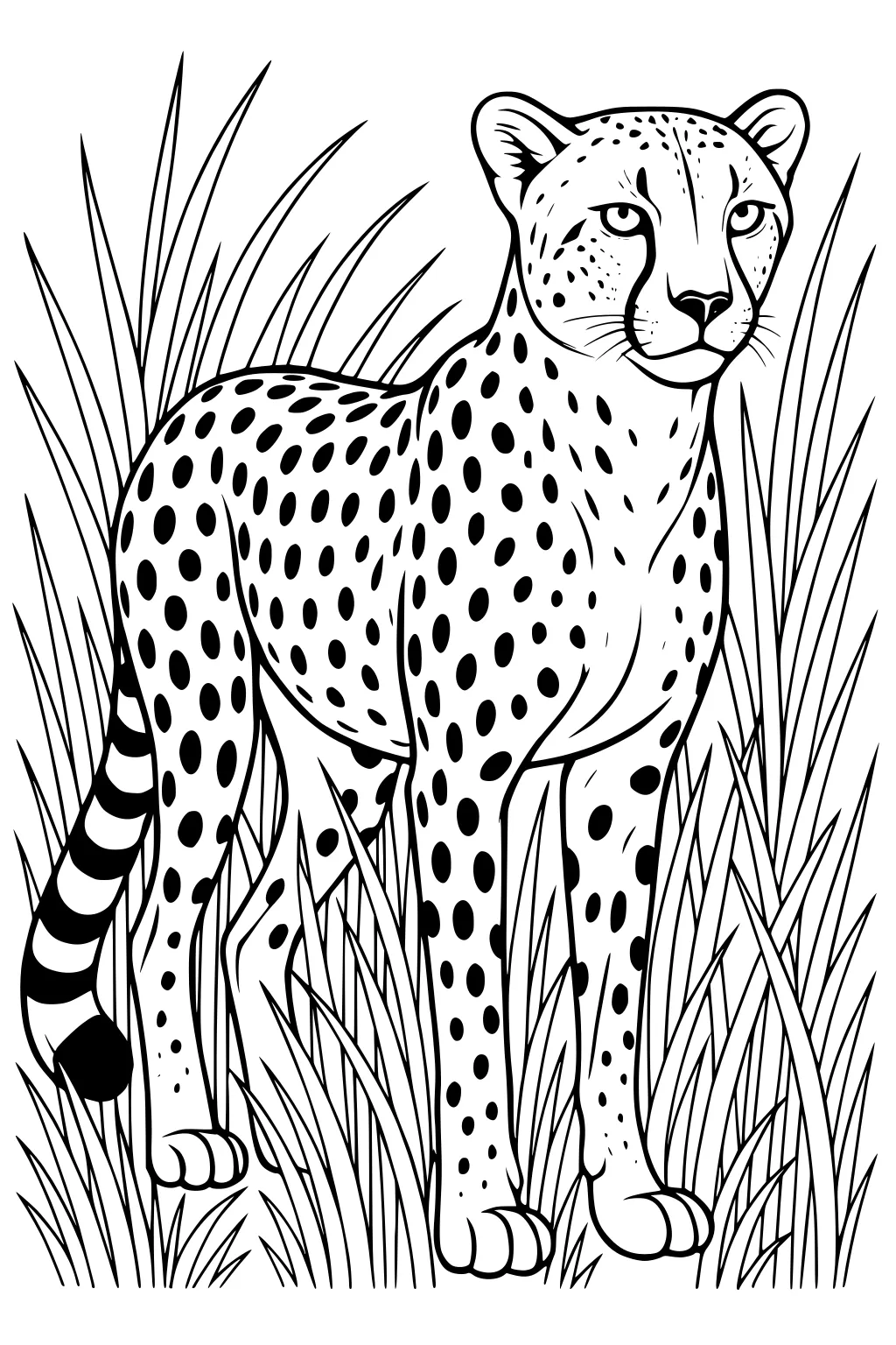 Spotted cheetah with striped tail standing in tall grass, looking forward with alert eyes and perked ears.