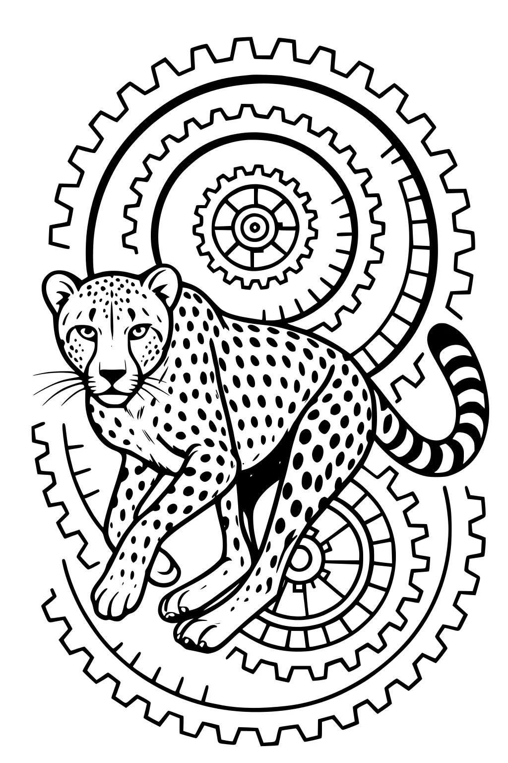 Cheetah crouches with spots and stripes in front of three large mechanical gears with bold outlines.