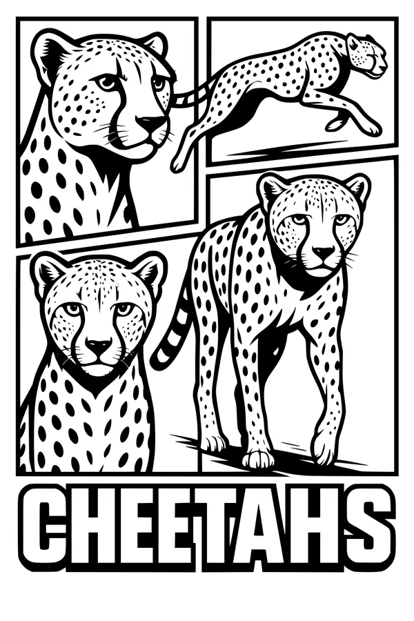 Free Cheetah Coloring Page - Comic-Style Running and Standing Cheetahs (Printable PDF)