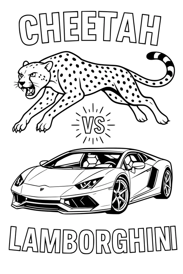 Free Cheetah Coloring Page - Cheetah vs Lamborghini Race (Printable PDF)