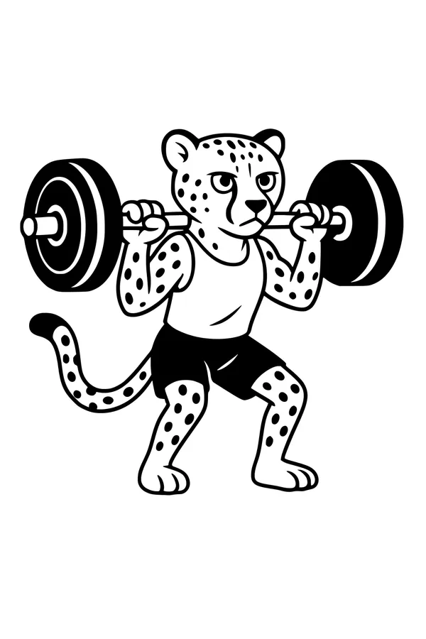 Free Cheetah Coloring Page - Strong Cartoon Cheetah Lifting Weights (Printable PDF)