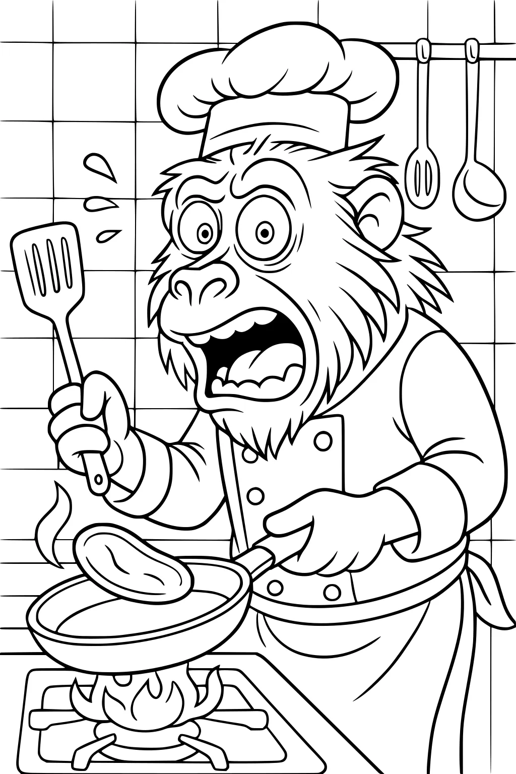 Baboon chef flipping sausage in frying pan on stove, looking surprised. Kitchen utensils hang on tiled wall.