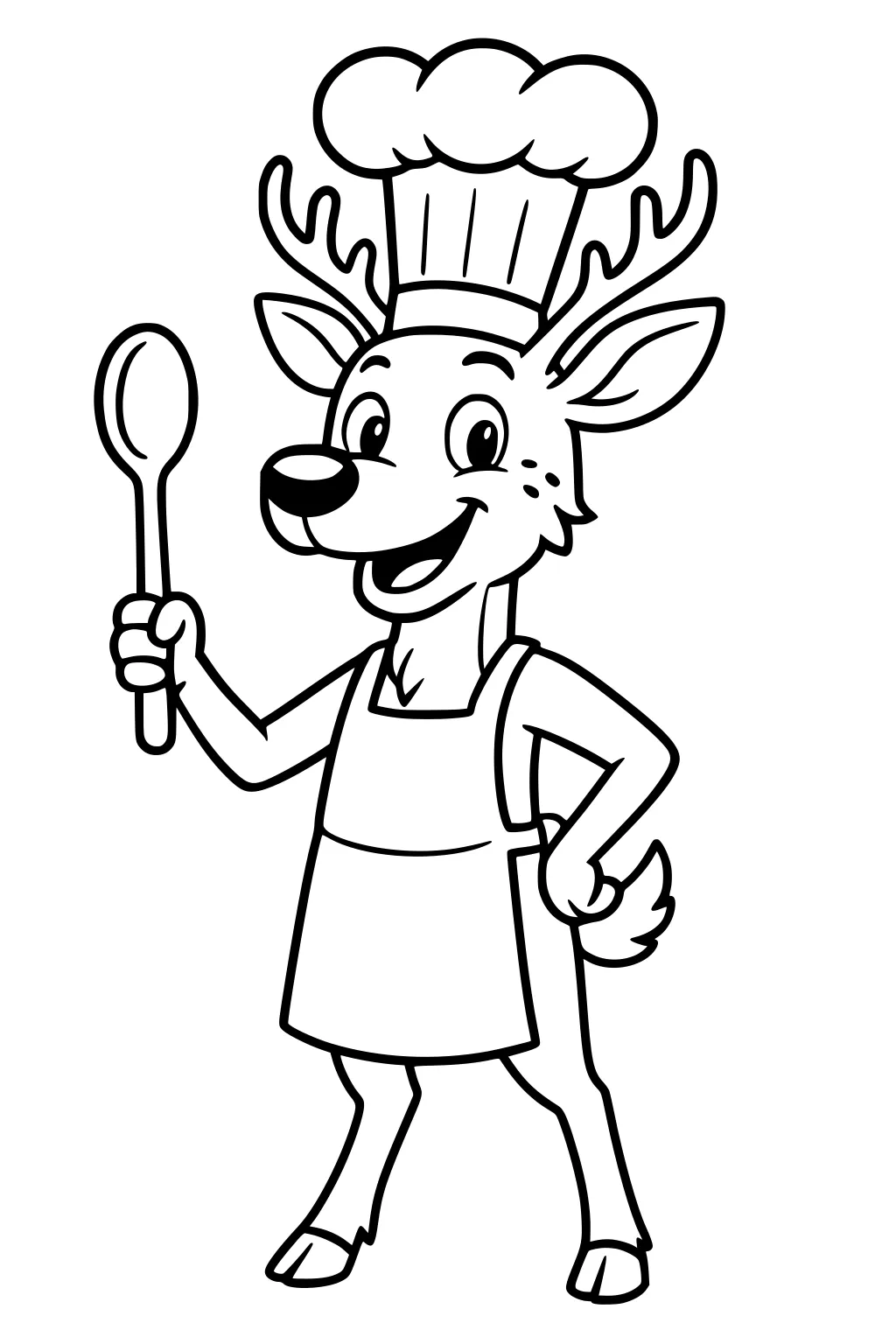 Cartoon deer in chef hat and apron holding a spoon and smiling.
