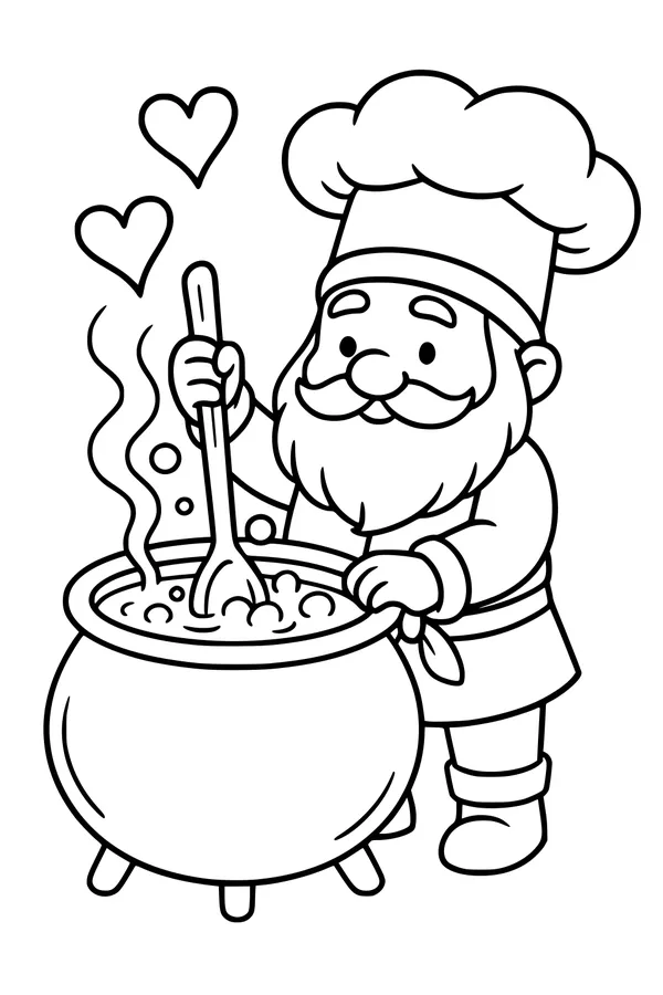 Free Gnome Chef Coloring Page - Bubbling Cauldron With Hearts (Printable PDF)
