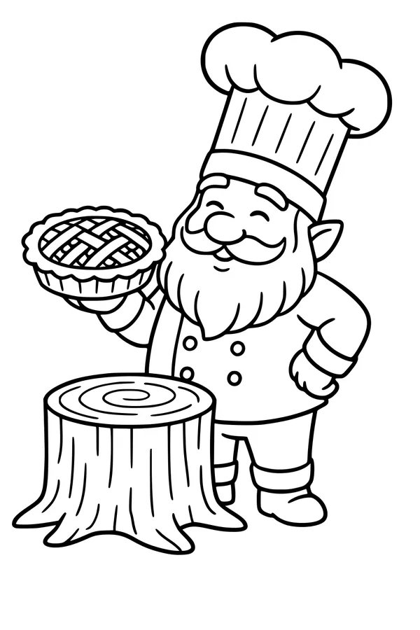 Free Gnome Chef Coloring Page - Baking Fresh Pie in the Forest (Printable PDF)
