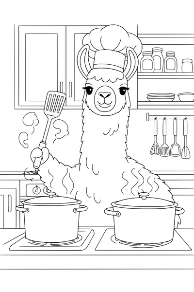 Free Llama Coloring Page - Chef Llama Cooking in a Busy Kitchen (Printable PDF)
