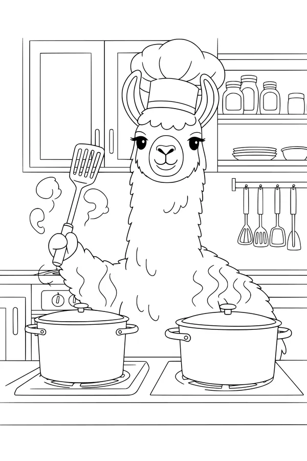 Free Llama Coloring Page - Chef Llama Cooking in a Busy Kitchen (Printable PDF)