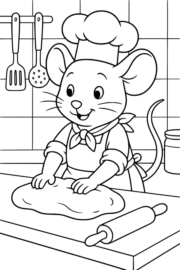 Free Mouse Chef Coloring Page - Baking Dough in the Kitchen (Printable PDF)