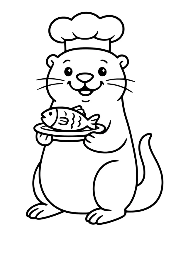 Free Otter Coloring Page - Chef Otter With Fishy Feast (Printable PDF)