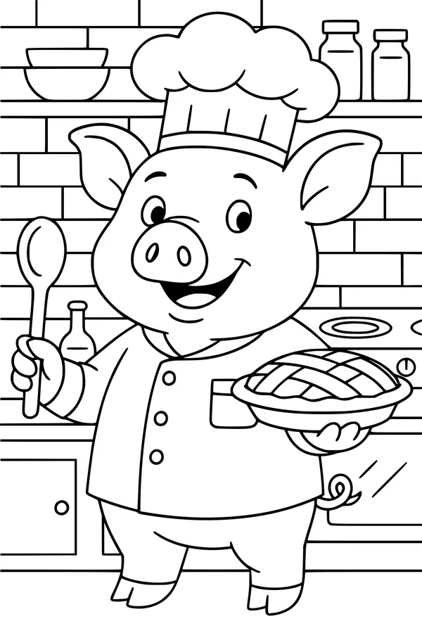 Free Pig Chef Coloring Page - Smiling Pig Baking Pie in Kitchen (Printable PDF)