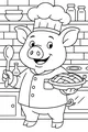 Free Pig Chef Coloring Page - Smiling Pig Baking Pie in Kitchen (Printable PDF)