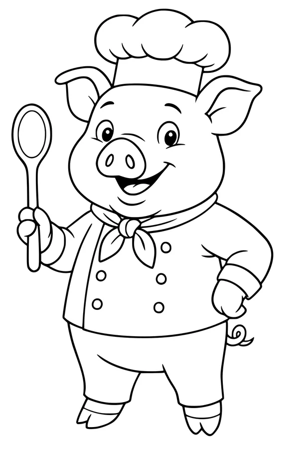 Free Pig Coloring Page - Cartoon Chef Pig With Wooden Spoon (Printable PDF)