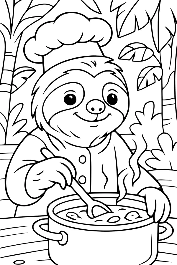 Free Sloth Coloring Page - Jungle Chef Stirring Soup (Printable PDF)