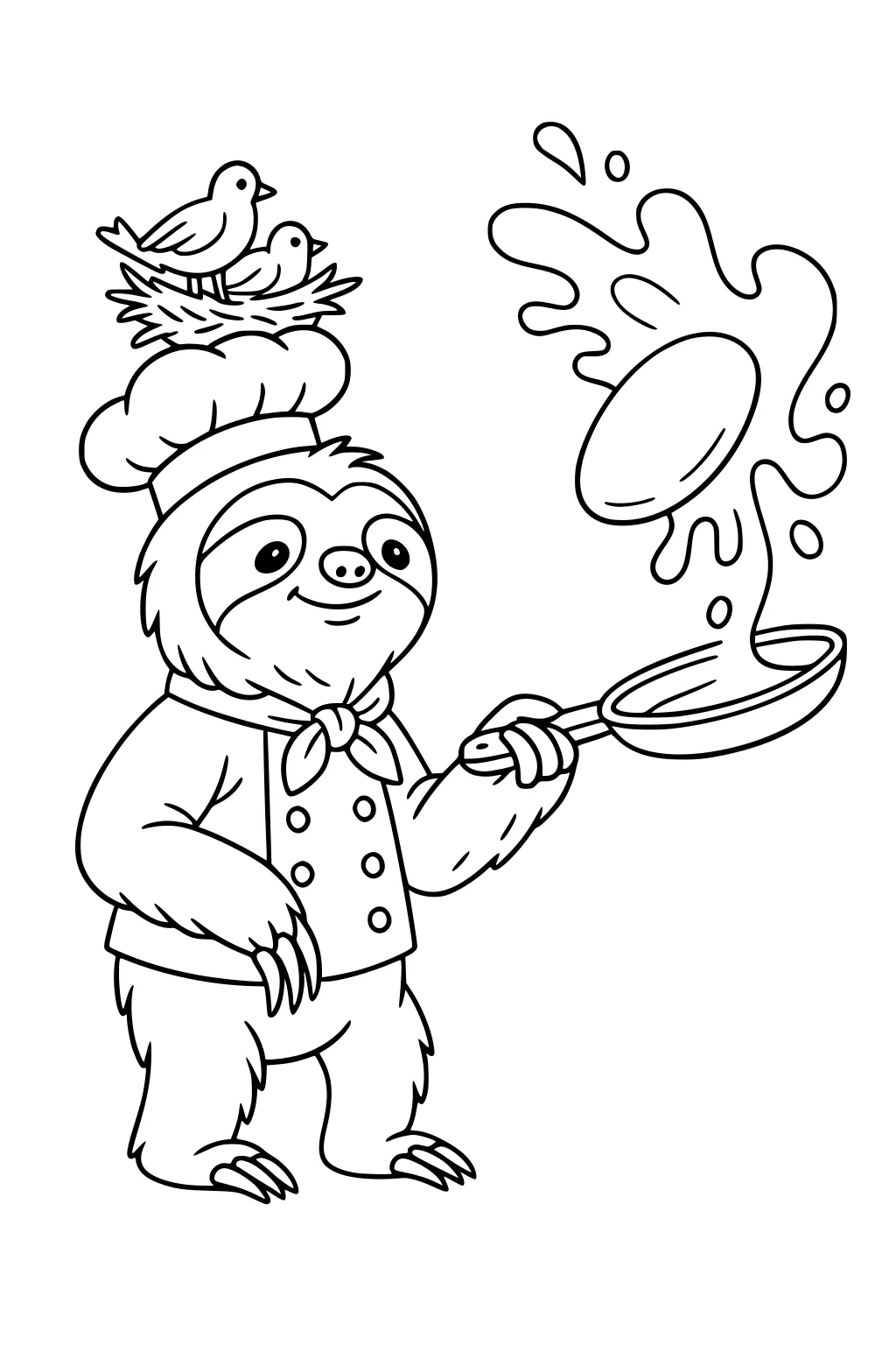 A sloth in a chef outfit flips a pancake in a pan while two birds nest on his chef hat.