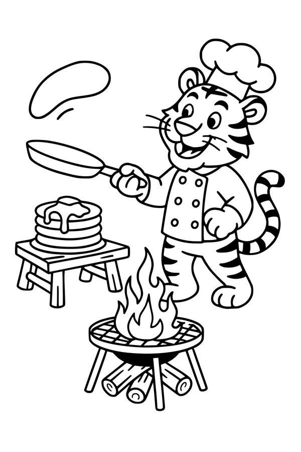 Free Tiger Coloring Page - Campfire Pancake Chef Scene (Printable PDF)