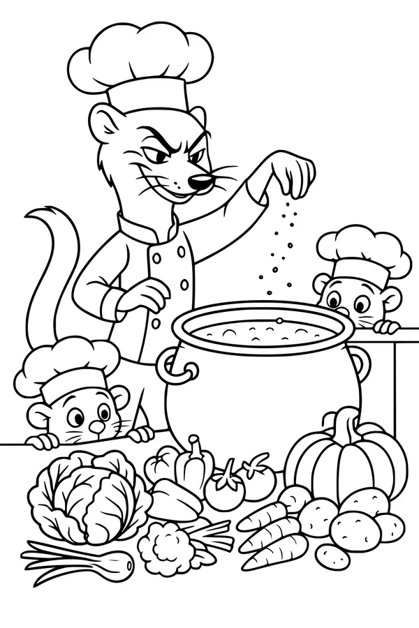 Free Weasel Coloring Page - Chef Cooking Soup With Mice Helpers (Printable PDF)