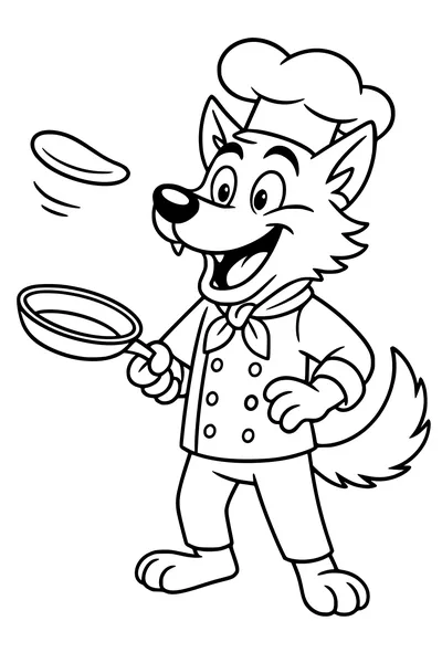 Free Wolf Chef Coloring Page - Flipping Pancakes In The Kitchen (Printable PDF)