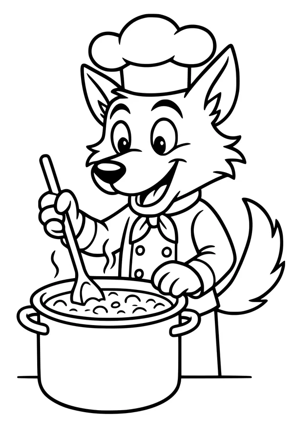 Free Wolf Chef Coloring Page - Stirring a Steaming Soup Pot (Printable PDF)