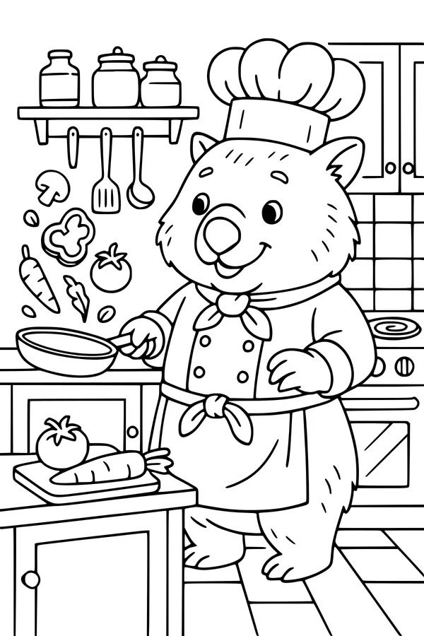 Free Wombat Coloring Page - Cute Chef Cooking Vegetables (Printable PDF)