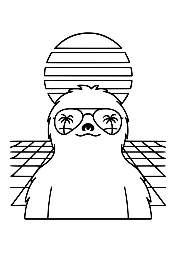 Free Sloth Coloring Page - Cool Cartoon Sloth With Sunglasses at Sunset (Printable PDF)