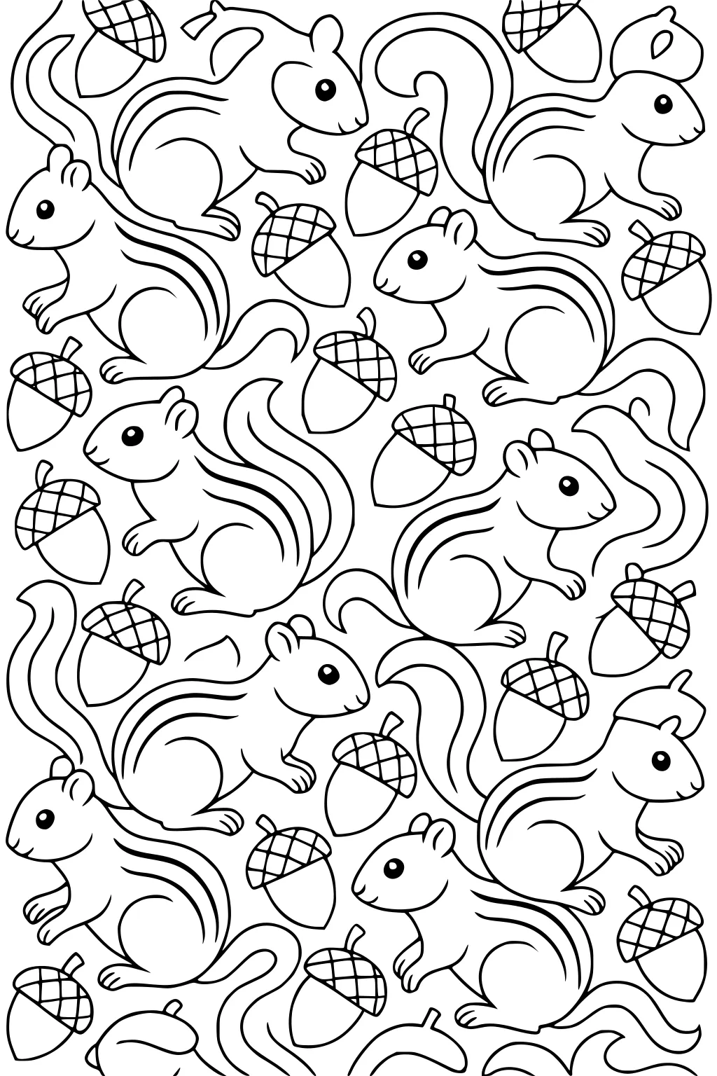 Pattern of chipmunks with striped backs and fluffy tails, mixed with acorns scattered across the page.