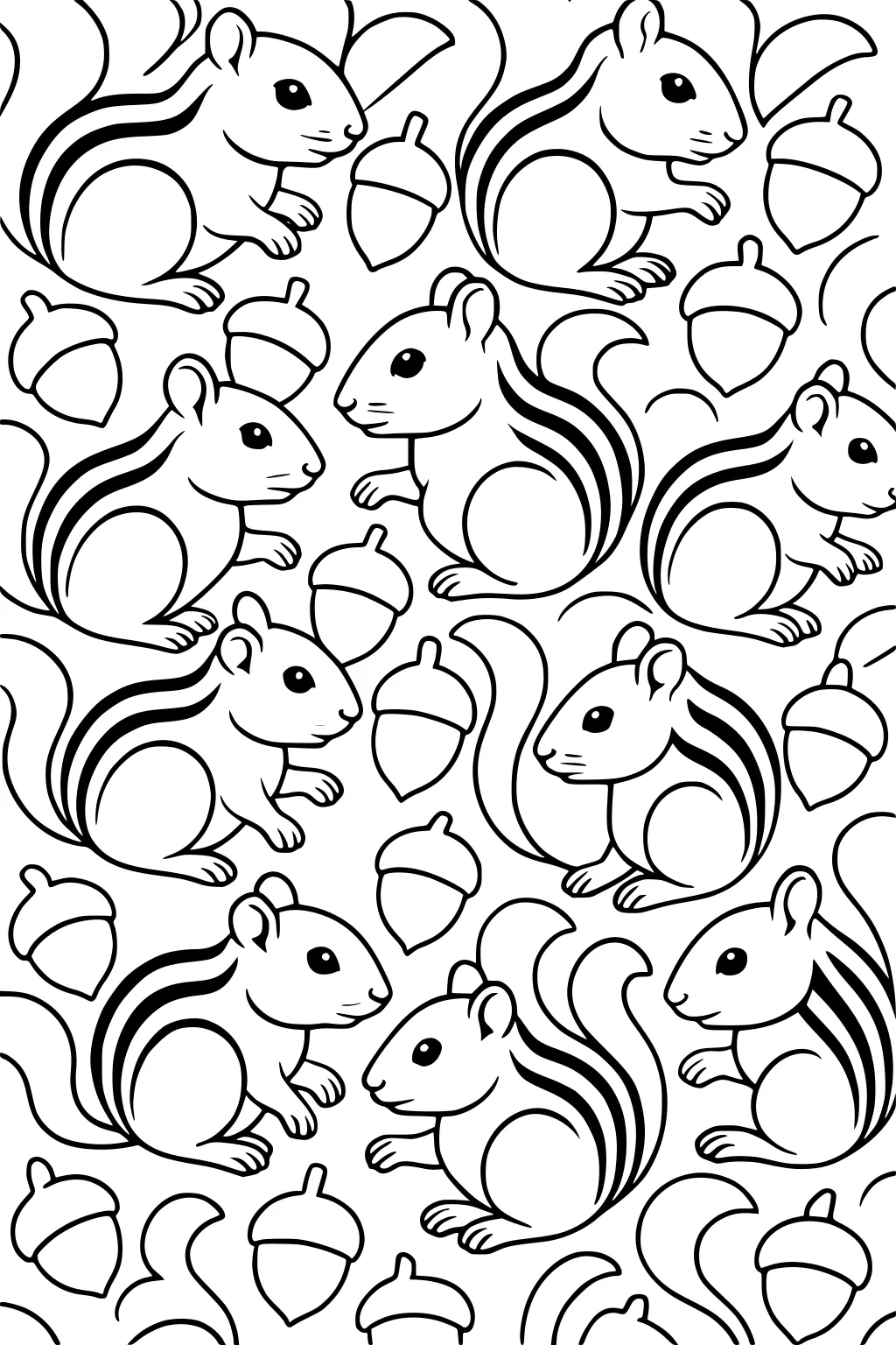 Outlined pattern of chipmunks sitting among scattered acorns, all with thick stripes and curved tails.