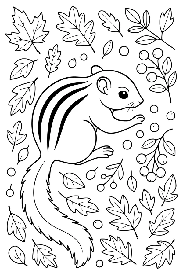 Free Chipmunk Coloring Page - Cute Forest Berry Snack Scene (Printable PDF)