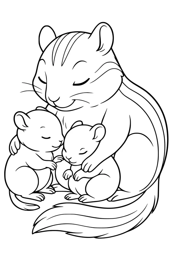 Free Chipmunk Coloring Page - Mother Cuddling Sleeping Babies (Printable PDF)