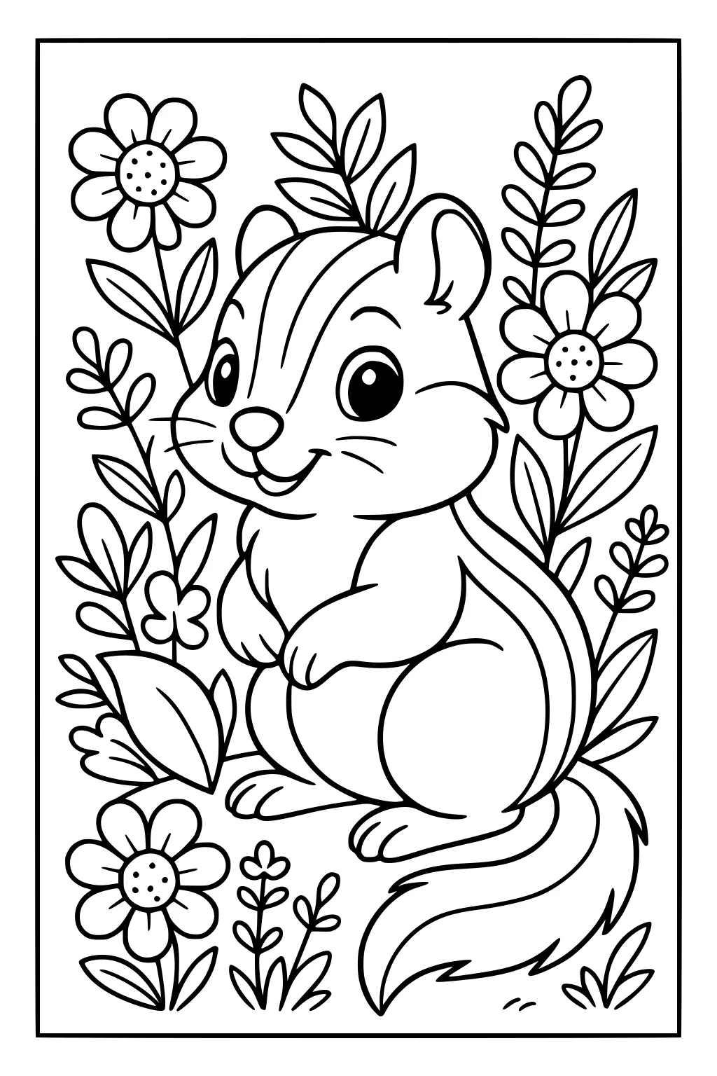 A chipmunk with stripes sits among big flowers and leafy plants, smiling with round cheeks and a fluffy tail.