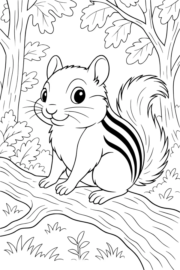 Free Chipmunk Coloring Page - Cheerful Chipmunk on Forest Log (Printable PDF)