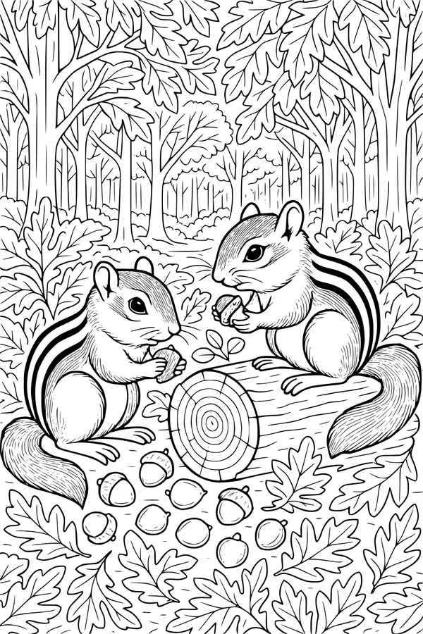 Free Chipmunk Coloring Page - Forest Picnic on a Log (Printable PDF)
