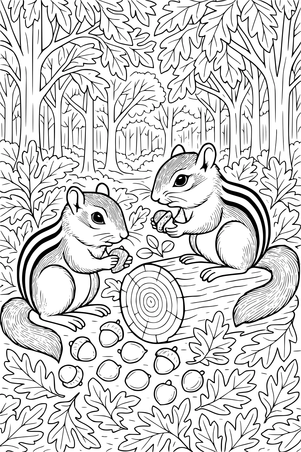 Two chipmunks eating acorns on a log in a forest, with leaves and acorns scattered on the ground.