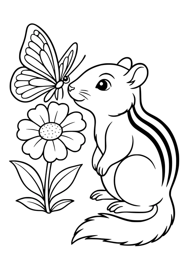 Free Chipmunk Coloring Page - Cute Chipmunk Watching Butterfly (Printable PDF)