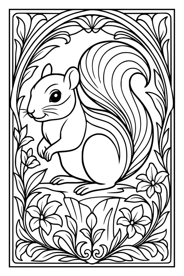 Free Chipmunk Coloring Page - Fluffy-Tailed Chipmunk in Flower Patch (Printable PDF)