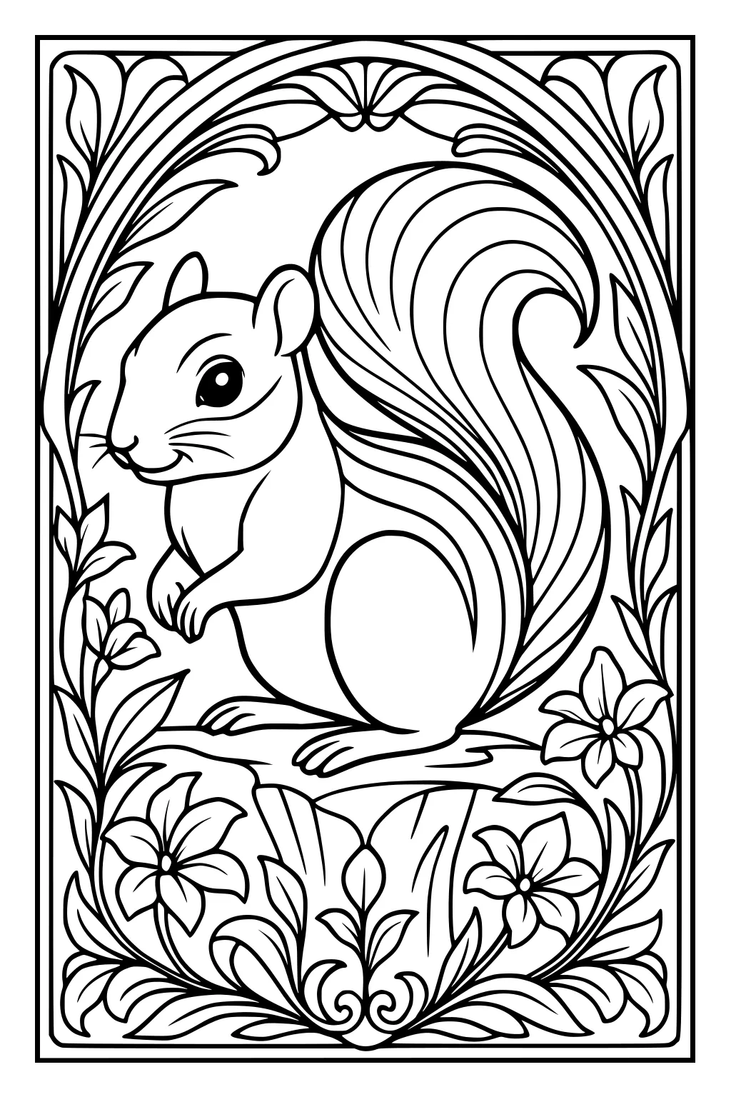 Chipmunk with a bushy tail sits among flowers and leafy border, outlined with detailed lines and patterns.