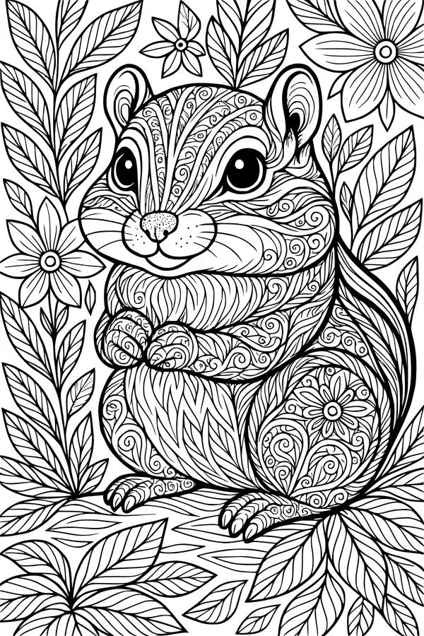 Free Chipmunk Coloring Page - Swirling Fur in a Flower Garden (Printable PDF)