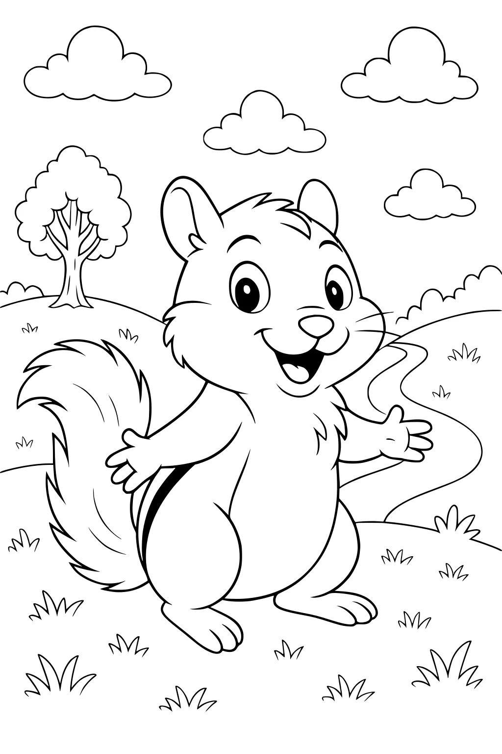 Smiling chipmunk with open arms standing on grass, with a tree, clouds, and winding path behind.
