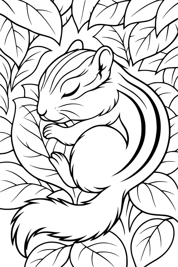 Free Chipmunk Coloring Page - Stripey Sleeping on Forest Leaves (Printable PDF)