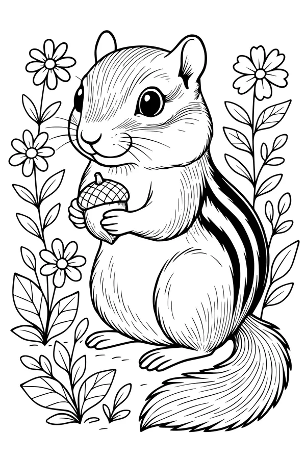 Free Chipmunk Coloring Page - Smiling Chipmunk With Giant Acorn (Printable PDF)