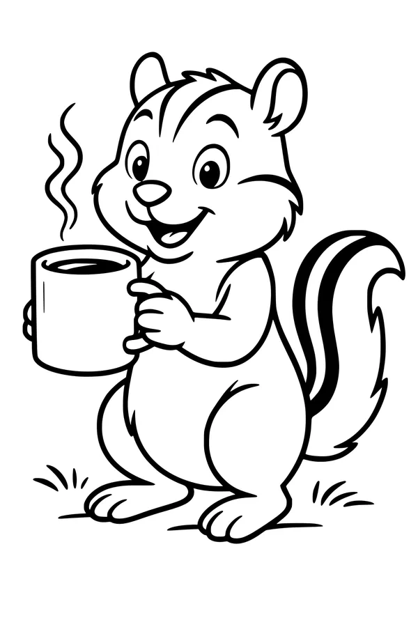 Free Chipmunk Coloring Page - Cute Morning Mug Scene (Printable PDF)