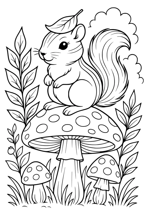 Free Chipmunk Coloring Page - Sitting on a Spotted Mushroom (Printable PDF)