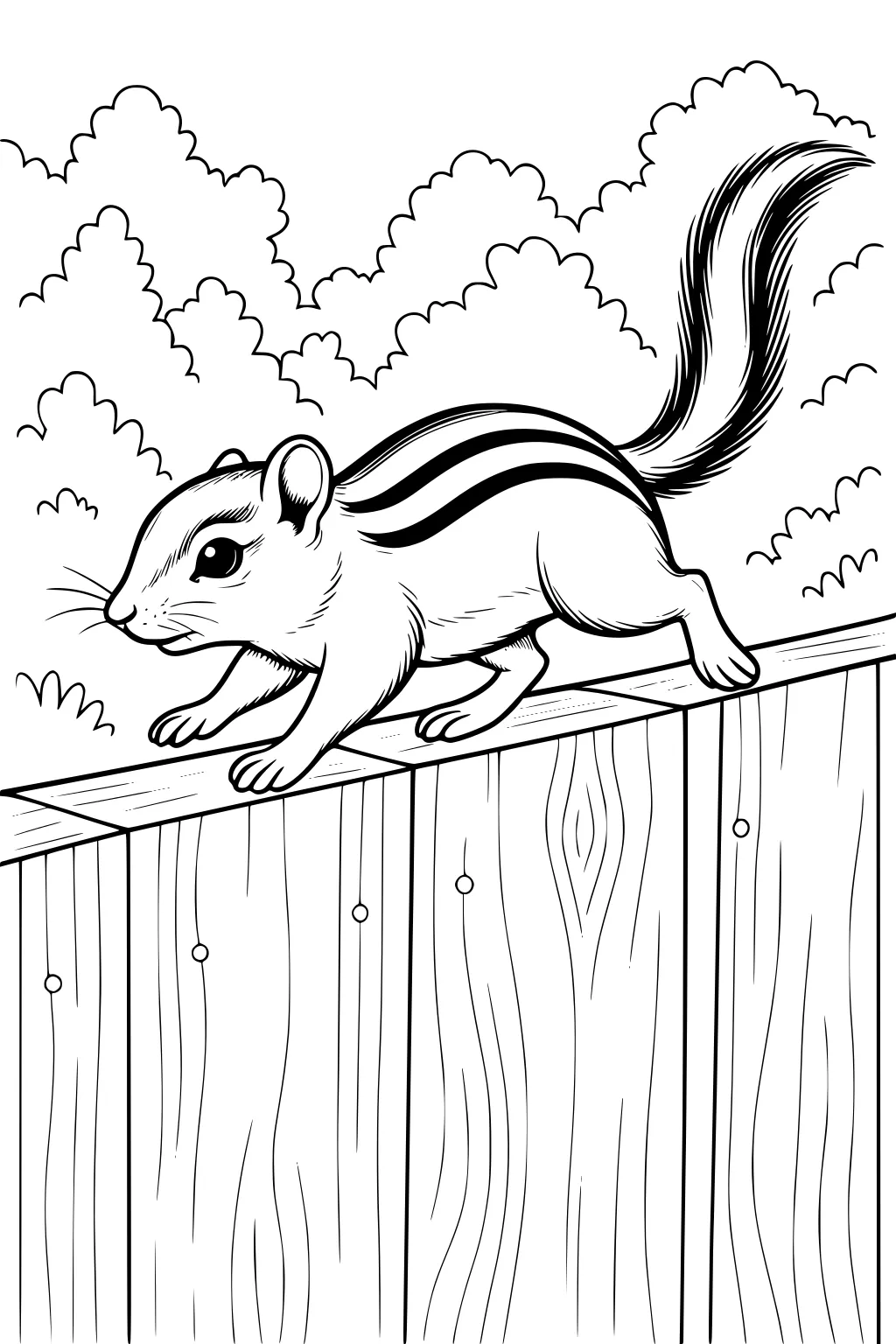 Chipmunk with striped back walking on wooden fence, bushy plants behind.