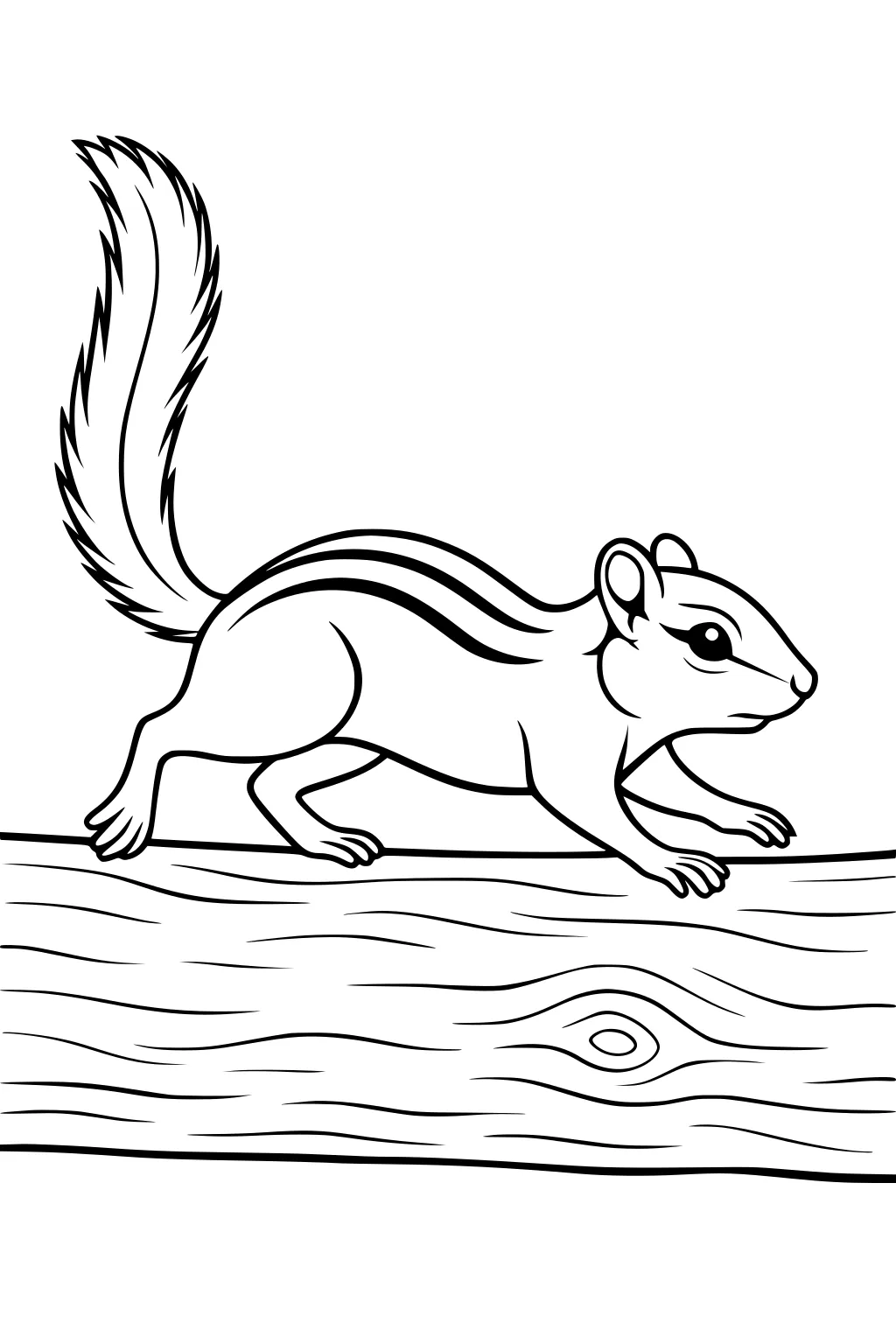 Chipmunk with three back stripes walking on a textured log, tail raised, head pointed forward, bold outlined drawing.