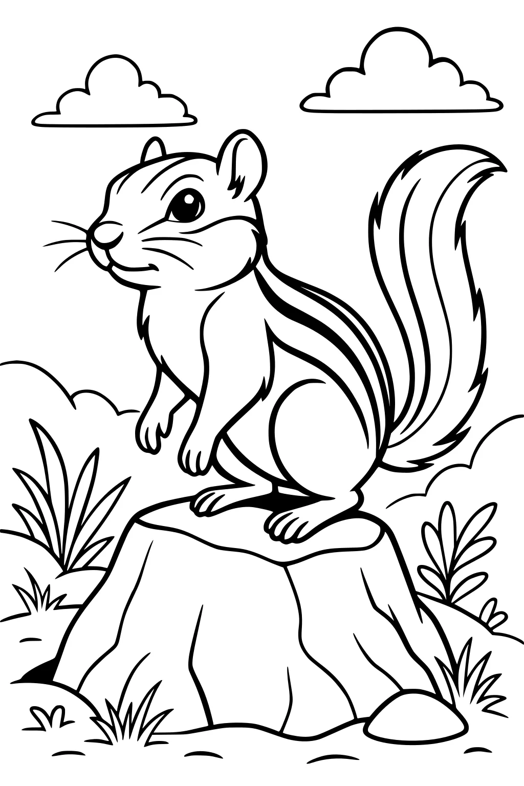 Chipmunk with striped back and bushy tail stands on a tree stump, surrounded by grass, plants, and two fluffy clouds.