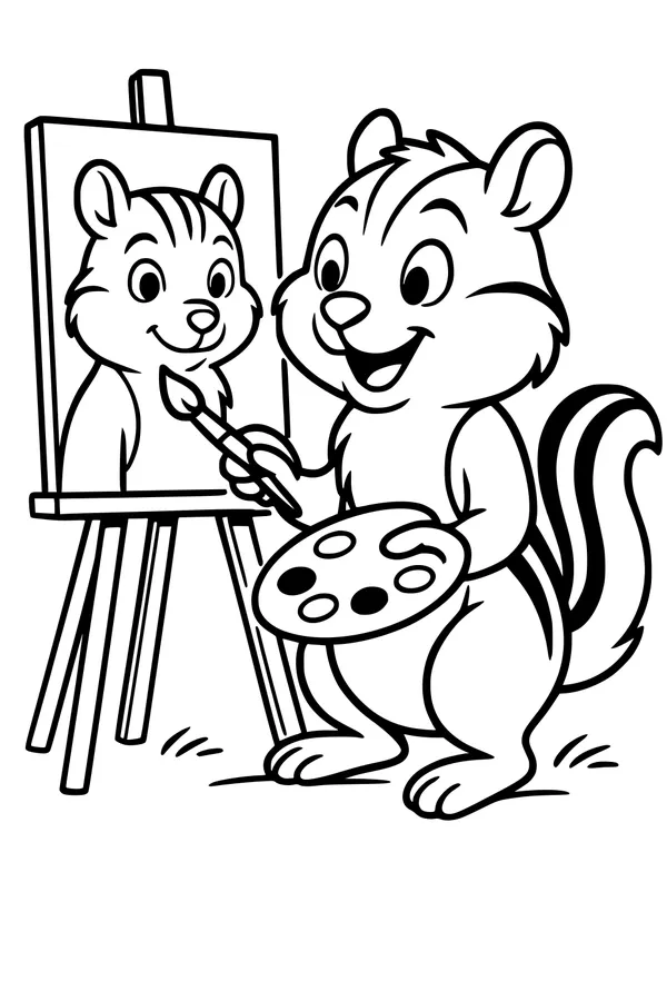 Free Chipmunk Coloring Page - Cute Artist Painting Self-Portrait (Printable PDF)