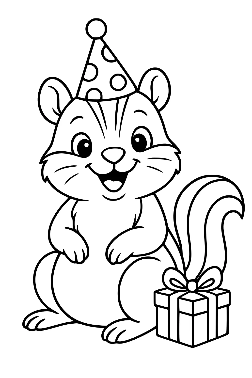 Happy chipmunk wearing a polka dot party hat, sitting beside a gift box with a bow.