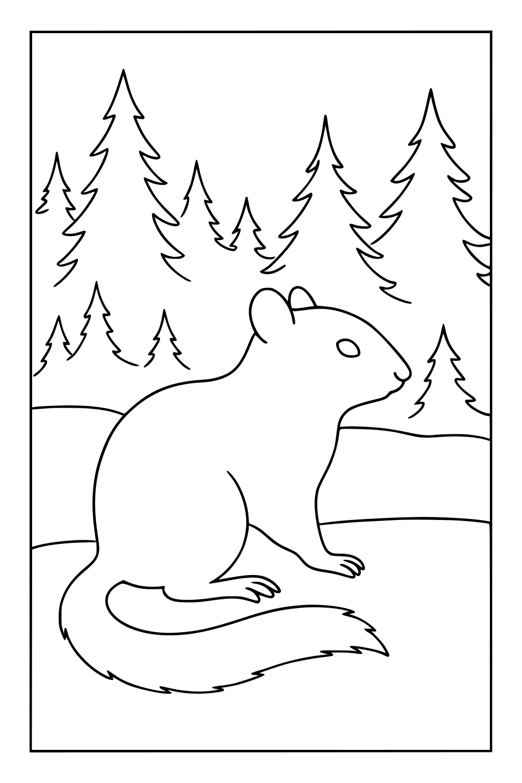 Chipmunk sitting on grass with tall pine trees in the background, large tail curled beside her, outlined for coloring.
