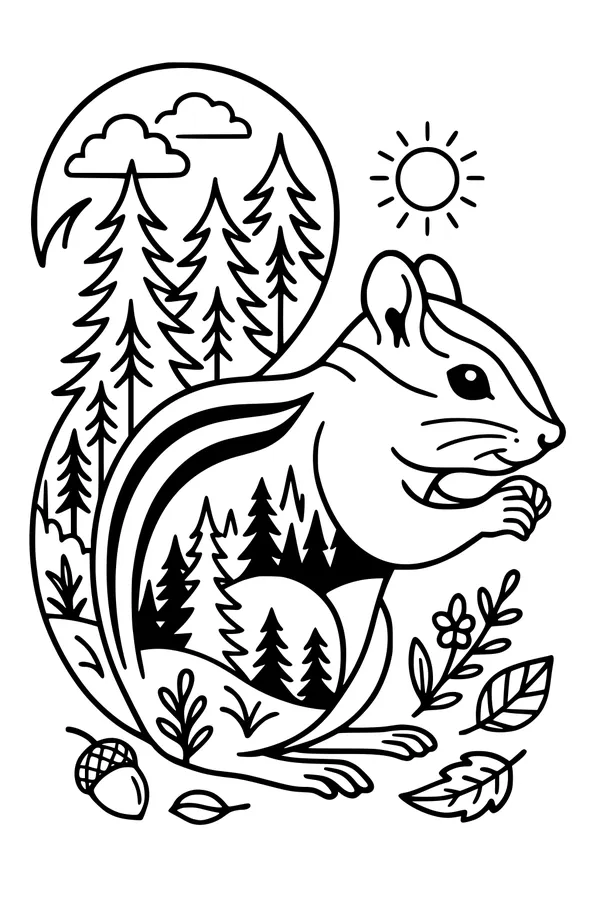 Free Chipmunk Coloring Page - Sunny Forest Picnic Scene (Printable PDF)